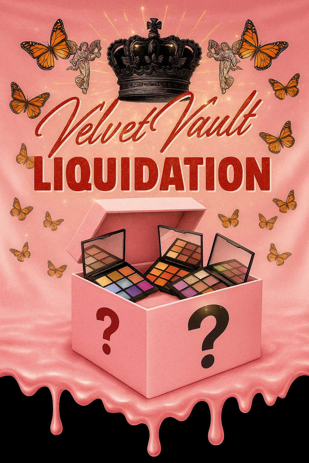 Velvet Vault Liquidation Mystery Box Brand Name Women’s Eyeshadow Palettes x5 Bundle Set Lot Liquidation with colorful eyeshadow palettes in pink box
