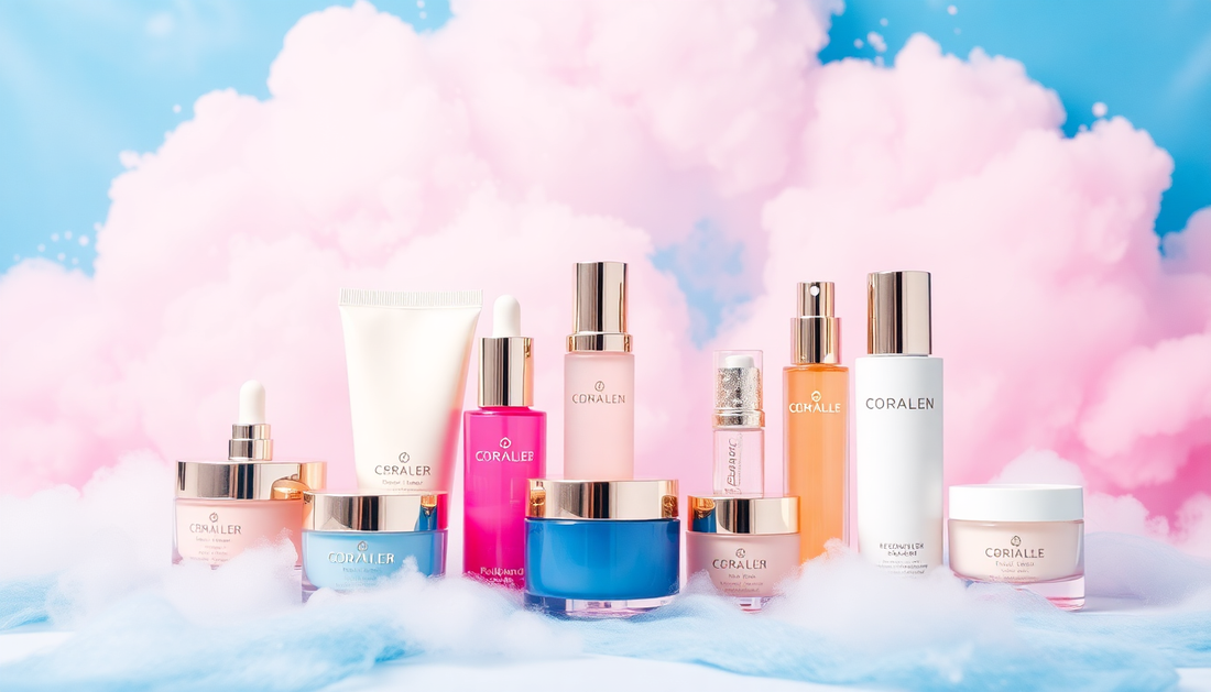 Selection of skincare and beauty products displayed against a colorful pink and blue cloud backdrop with liquidation store makeup deals