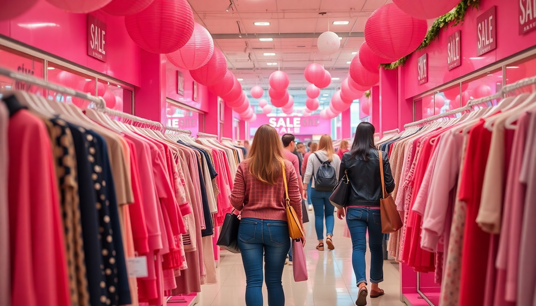 Shoppers walking through a clothing store with sale signs on racks showing how to find the best liquidation sales