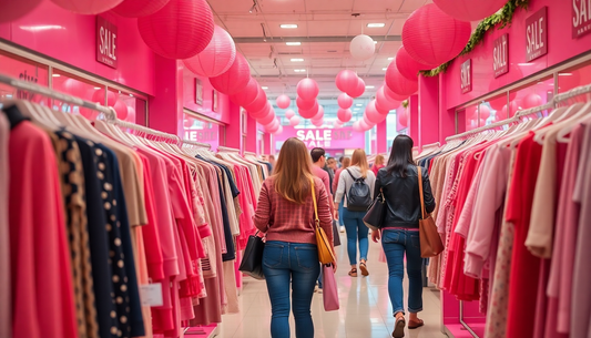 Shoppers walking through a clothing store with sale signs on racks showing how to find the best liquidation sales