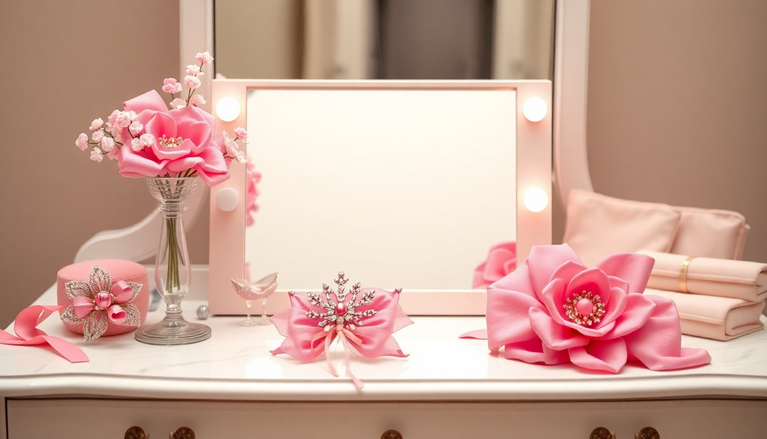 Elegant pink satin accessories displayed on vanity table illustrating benefits of buying liquidated luxury brands