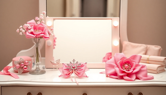 Elegant pink satin accessories displayed on vanity table illustrating benefits of buying liquidated luxury brands
