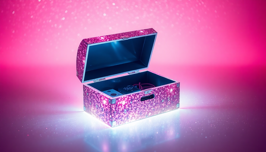 Open glittery pink box with glowing light inside showcasing electronics for liquidation technology deals