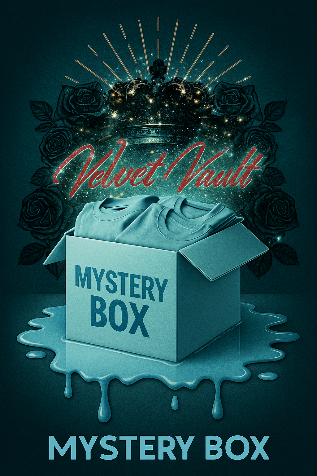 Brand Name Shirts and Crop-tops Male & Female Bundles Set Lots Samples & Mystery Boxes with teal mystery box and folded shirts