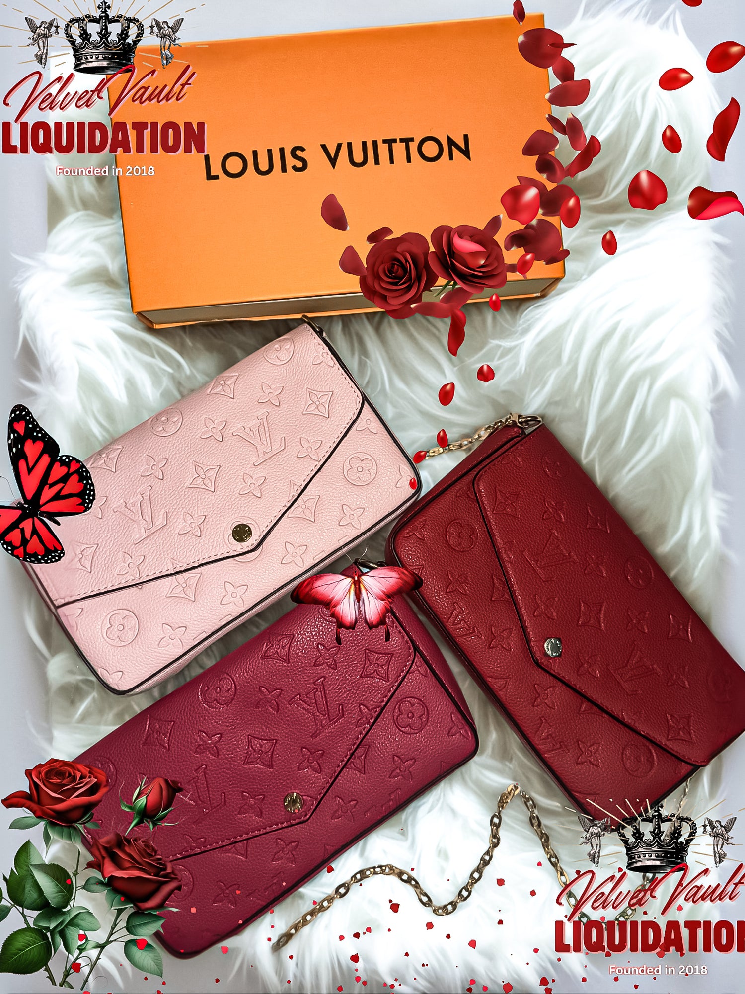 Brand Name Luxury Designer Logo Bags Purses and Wallets Liquidation Bundle Deals featuring pink and red embossed Louis Vuitton wallets with chain straps