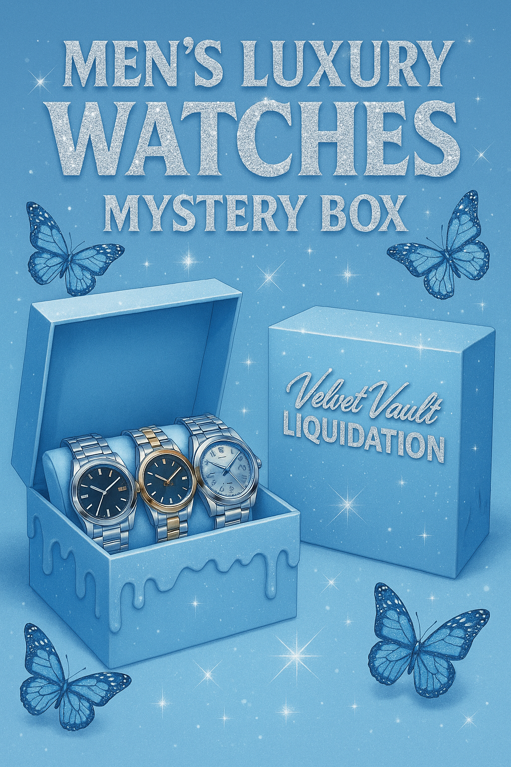 Brand Name Luxury Designer Logo Men & Women’s Watches Liquidation Bundle Deals & Mystery Boxes featuring men's luxury watches in a blue box with butterflies
