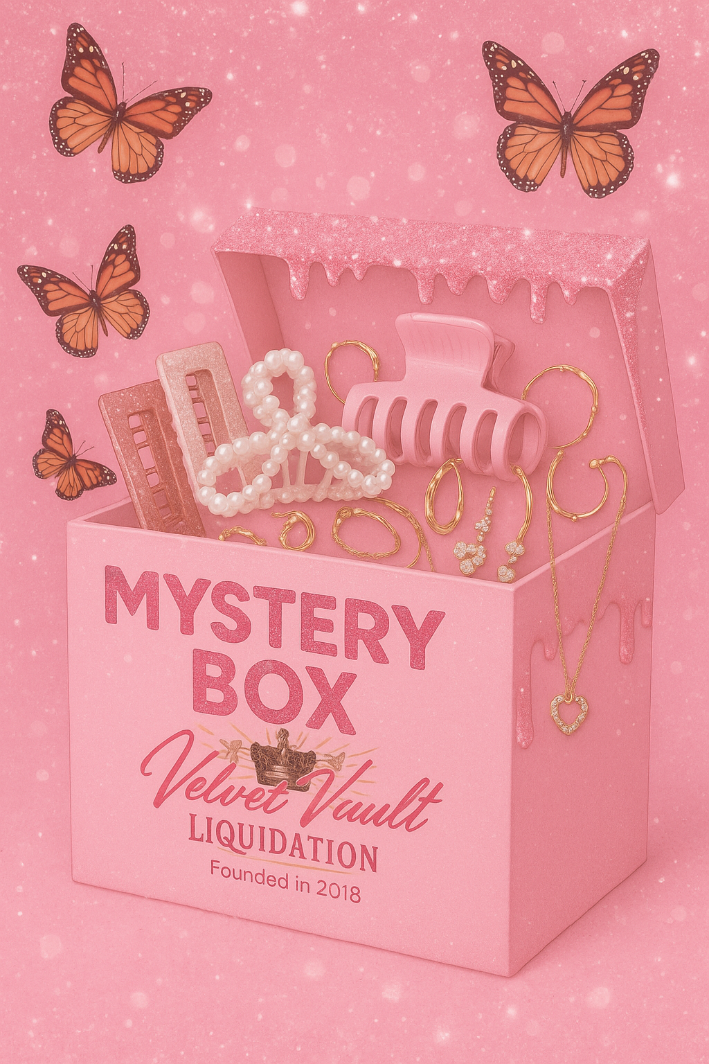 Brand Name Luxury Hair Pieces Beautiful Accessories including hair clips, earrings, and necklaces in a pink mystery box with butterflies