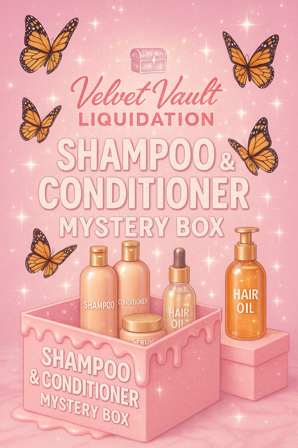 Brand Name Luxury Designer Logo Shampoo & Conditioner Haircare Full Sized Products Liquidation Bundle Deals & Mystery Boxes with various haircare bottles and butterflies