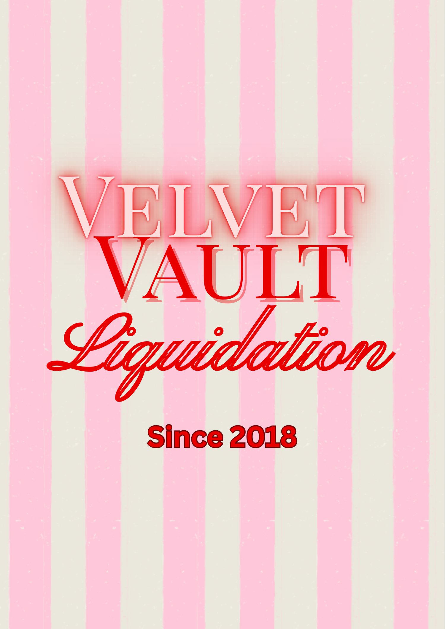 Velvet Vault Liquidation brand name cosmetics home electronics and accessories banner with pink and white stripes