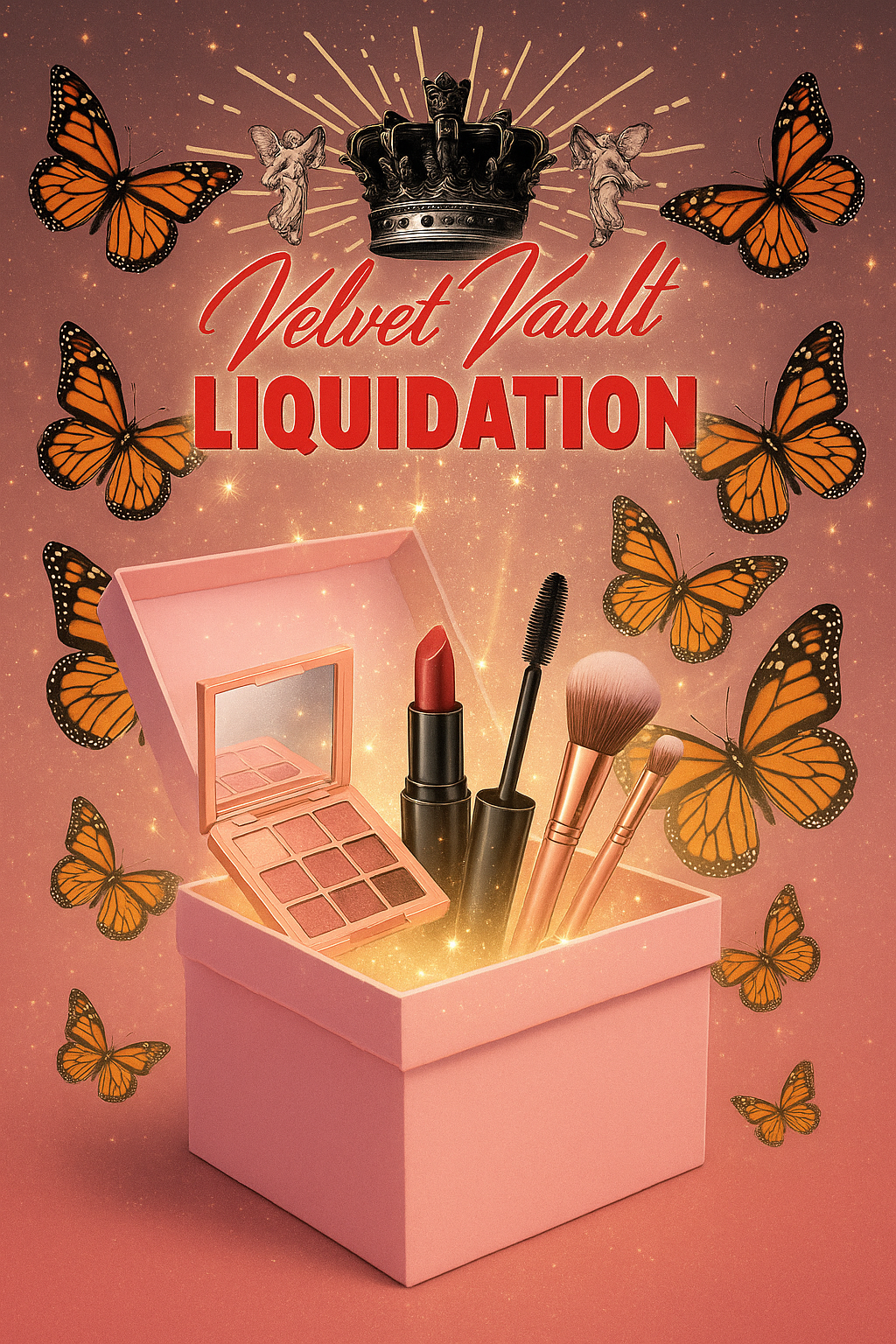 Discounted makeup and skincare samples including lipstick, eyeshadow palette, mascara, and brushes in a pink box with butterflies