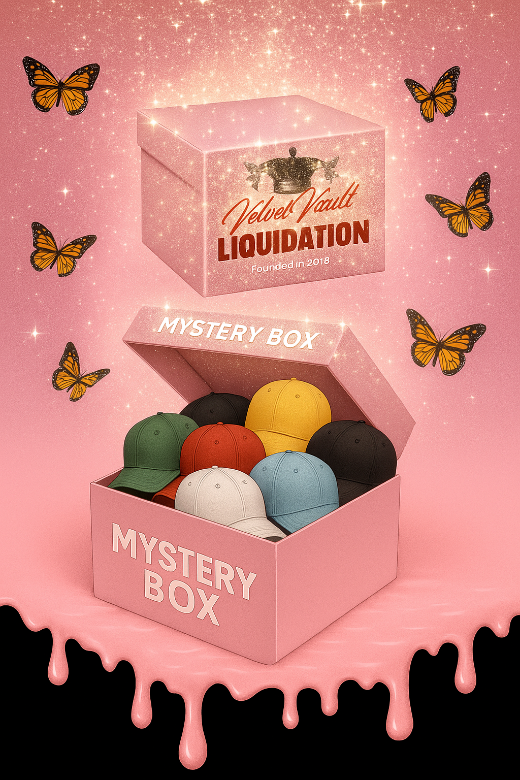 Brand Name Luxury Designer Logo Bags Caps Hats Beanies Liquidation Bundle Deals and Mystery Boxes with colorful caps in pink mystery box