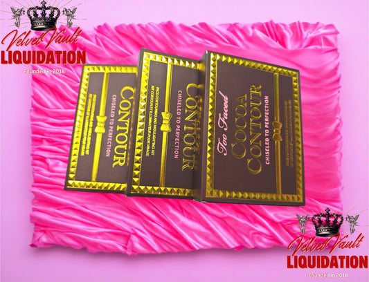 Too Faced Cocoa Contour Palette bundle with multiple contour palettes on pink satin fabric