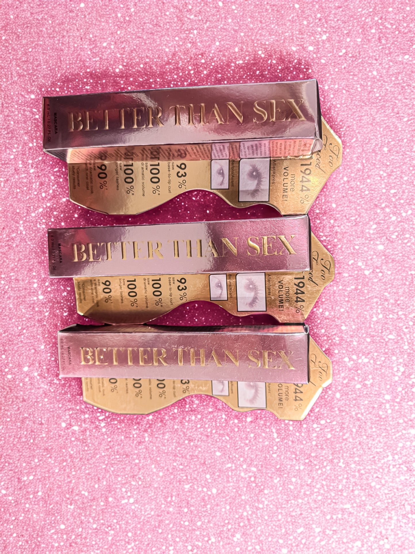Two Faced Better Than Sex Mascara Full Sized Makeup Product x3 Bundle Deal Set Lot on glitter pink background