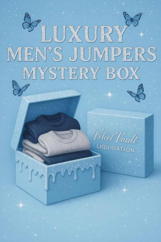 Velvet Vault Liquidation Mystery Box Brand Name Men’s Luxury Designer Logo Jumpers x5 Sets Bundle Set Lot Liquidation with two folded jumpers in a blue box