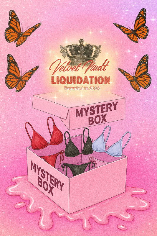 Velvet Vault Liquidation Mystery Box Brand Name Women’s Bikini Sets x5 Bundle Set Lot Liquidation with assorted colorful bikinis inside pink box