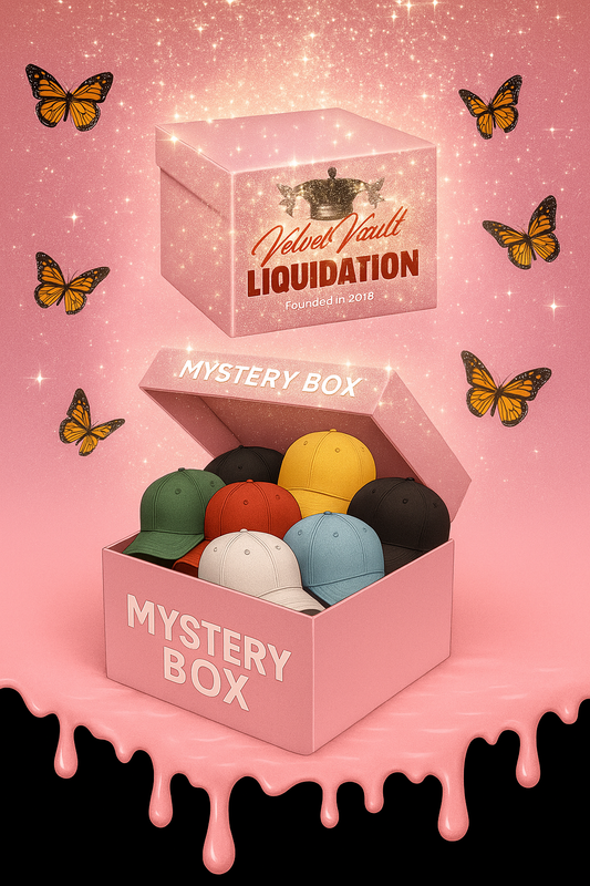 Velvet Vault Liquidation Mystery Box Brand Name Women’s Cap Hats x5 Bundle Set Lot Liquidation with colorful caps in pink box