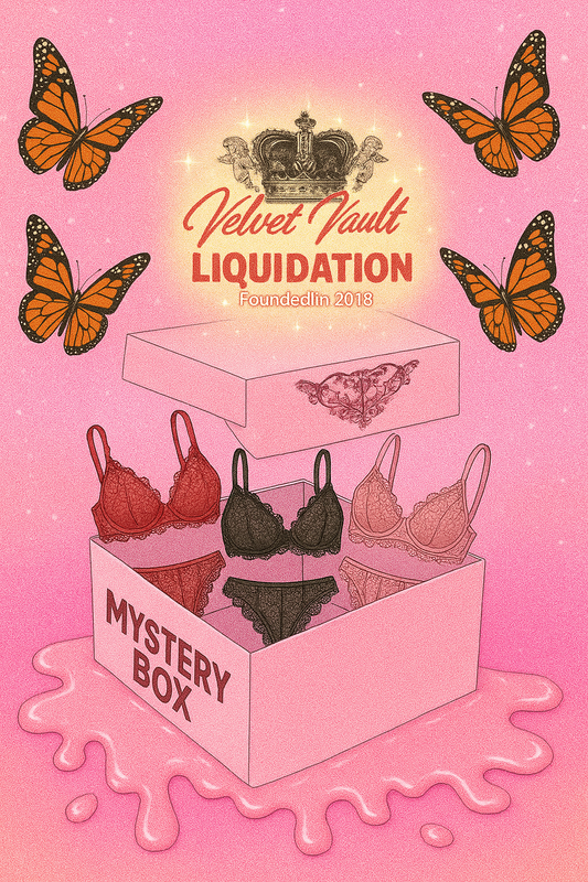Velvet Vault Liquidation Mystery Box Brand Name Women’s Lingerie Sets x5 Bundle Set Lot Liquidation featuring colorful bras and panties in a pink box with butterflies