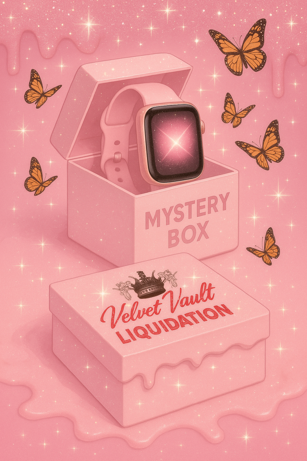 Velvet Vault Liquidation Mystery Box Brand Name Women’s Smart Watches x3 Pieces Bundle Set Lot Liquidation with pink smartwatch and butterflies