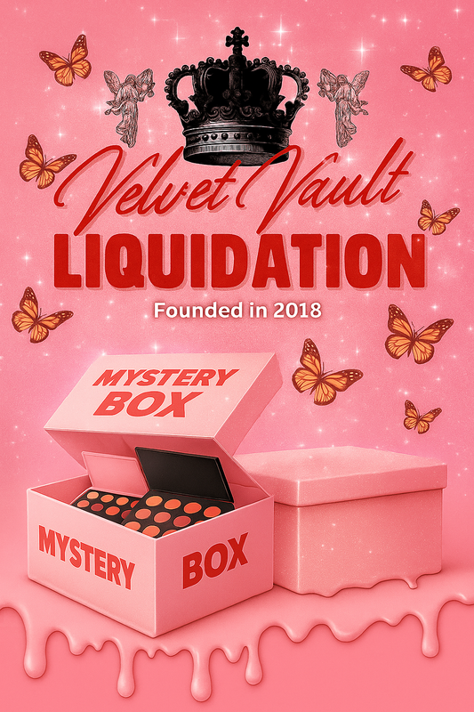 Velvet Vault Liquidation Mystery Box Brand Name Women’s Makeup Pallets x5 Bundle Set Lot Liquidation with pink box and butterfly design