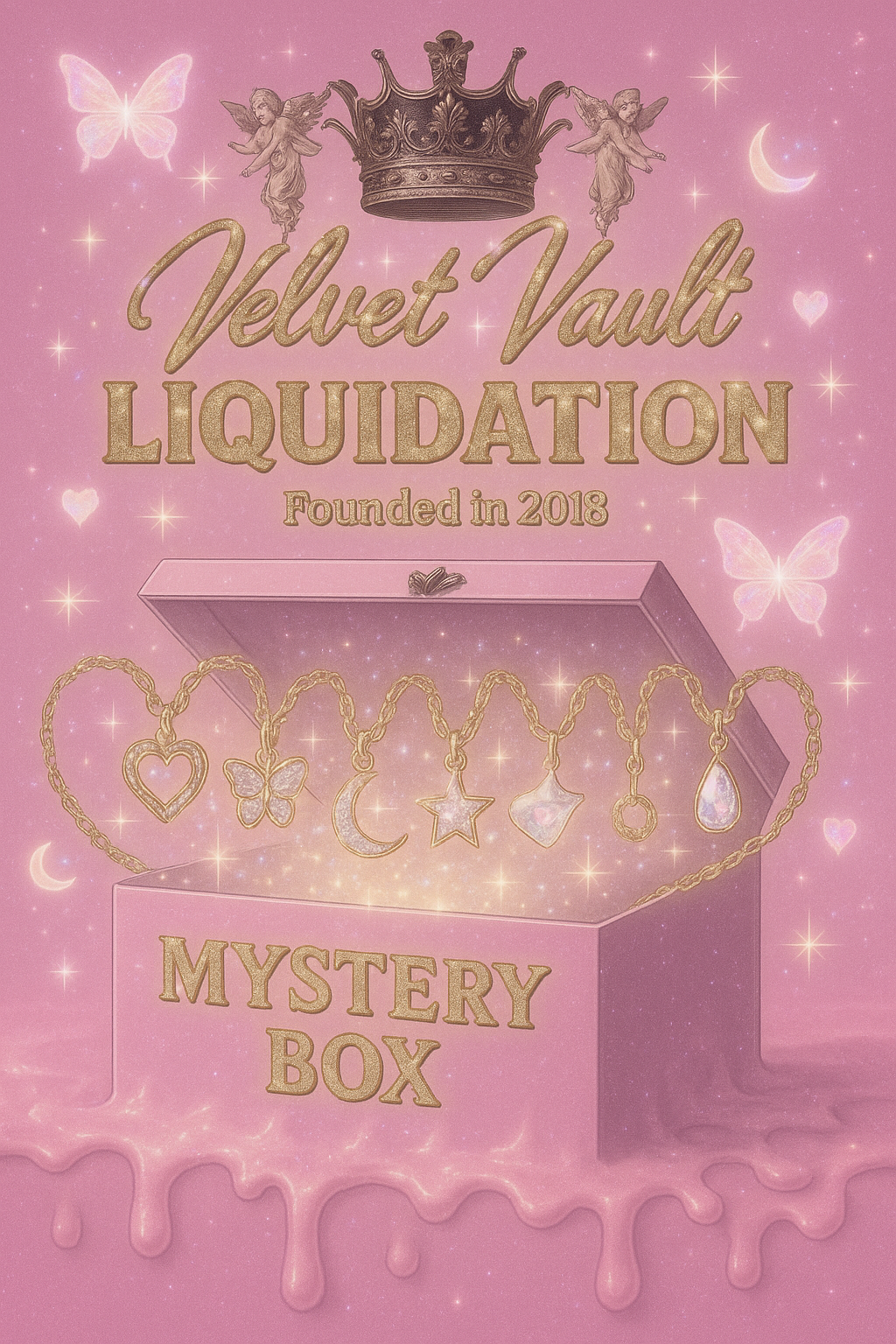 Velvet Vault Liquidation Mystery Box Brand Name Women’s Necklaces x10 Pieces Bundle Set Lot Liquidation with gold charm necklaces on pink background