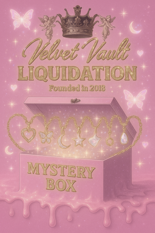 Velvet Vault Liquidation Mystery Box Brand Name Women’s Necklaces x10 Pieces Bundle Set Lot Liquidation with gold charm necklaces on pink background