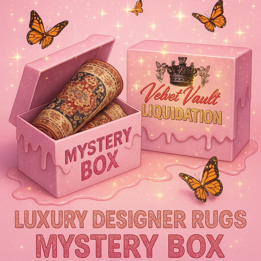 Velvet Vault Liquidation Mystery Box Brand Name Women’s Luxury Designer Rugs x5 Pieces Bundle Set Lot Liquidation with rolled rugs in pink box