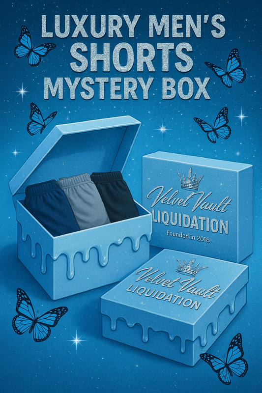 Velvet Vault Liquidation Mystery Box Brand Name Men’s Luxury Designer Logo Shorts x3 Piece Sets Bundle Set Lot Liquidation in blue gift boxes with butterflies