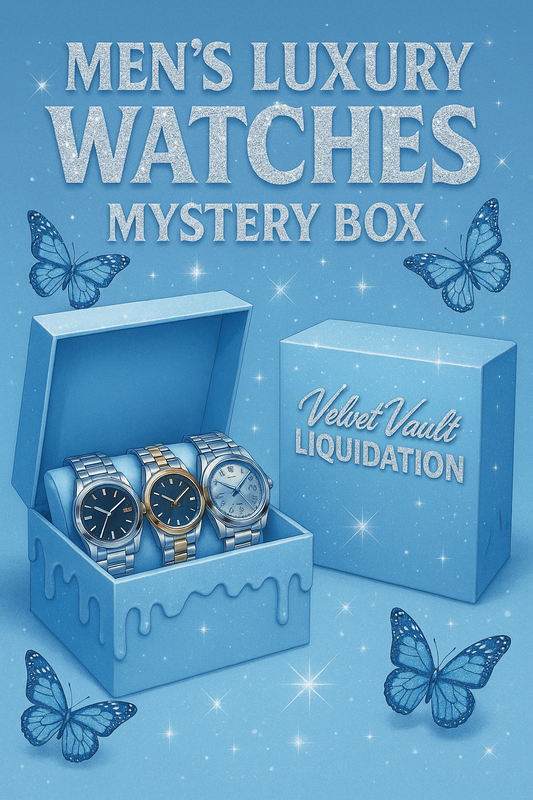 Velvet Vault Liquidation Mystery Box Brand Name Men’s Luxury Designer Logo Watches x3 Sets Bundle Set Lot Liquidation in blue box with three wristwatches