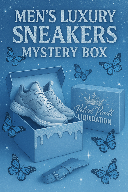 Velvet Vault Liquidation Mystery Box Brand Name Men’s Luxury Designer Sneakers x3 Pairs Set Bundle Set Lot Liquidation with sneakers in box and blue butterflies