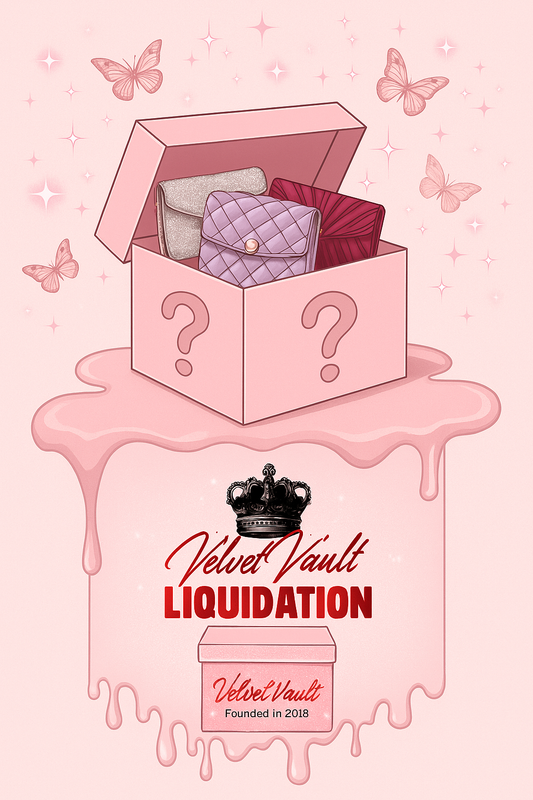 Velvet Vault Liquidation Mystery Box Brand Name Women’s Clutches x5 Bundle Set Lot Liquidation showing three stylish clutches in a pink box with butterflies