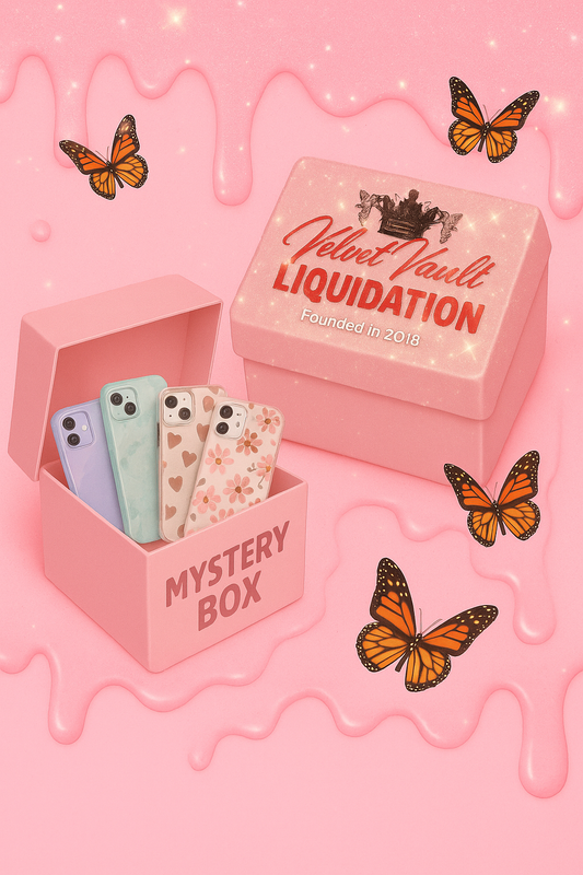 Velvet Vault Liquidation Mystery Box Brand Name Women’s IPhone Cases x5 Bundle Set Lot Liquidation in decorative pink box with butterfly accents