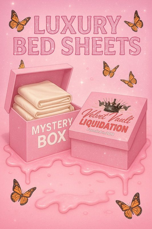 Velvet Vault Liquidation Mystery Box Brand Name Women’s Luxury Designer Bed Sheets Queen Size x3 Pieces Bundle Set Lot Liquidation in pink box with butterflies