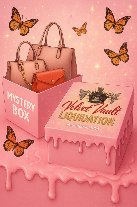 Velvet Vault Liquidation Mystery Box Brand Name Women’s Luxury Designer Bags x3 Pieces Bundle Set Lot Liquidation with three pink and orange handbags and butterflies
