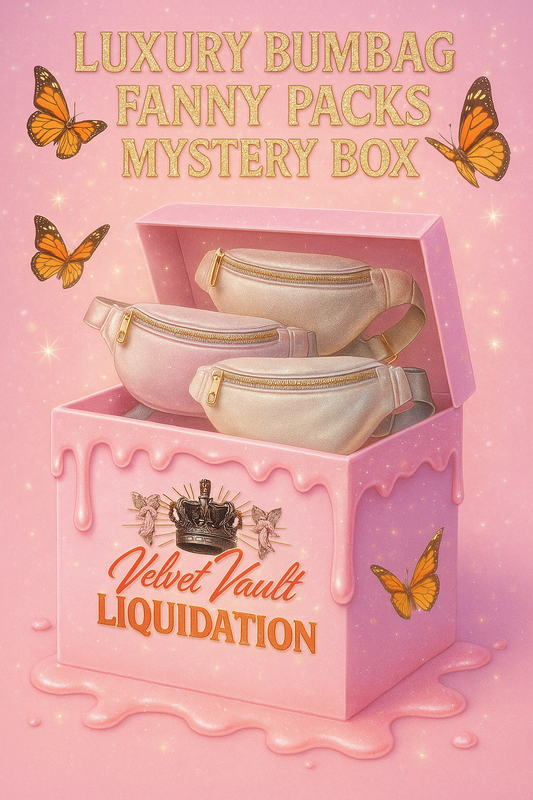 Velvet Vault Liquidation Mystery Box Brand Name Women’s Luxury Designer Bumbag Fanny Pack x3 Pieces Set Bundle Set Lot Liquidation with three beige fanny packs inside pink box