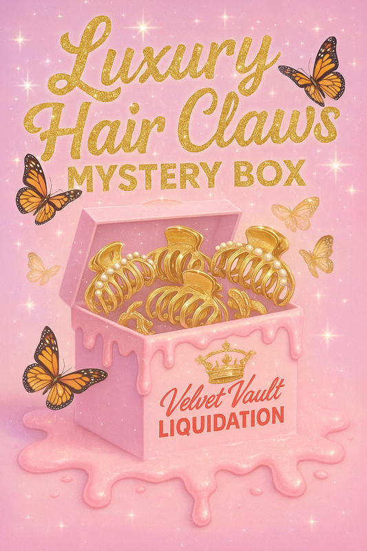 Velvet Vault Liquidation Mystery Box Brand Name Women’s Luxury Designer Hair Claws x10 Pieces Set Bundle Set Lot Liquidation with gold hair claw clips in pink box
