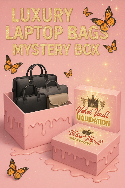 Velvet Vault Liquidation Mystery Box Brand Name Women’s Luxury Designer Laptop Bags x3 Pieces Set Bundle Set Lot Liquidation with pink packaging and black and beige bags