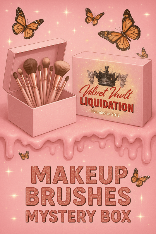 Velvet Vault Liquidation Mystery Box Brand Name Women’s Luxury Designer Makeup Brushes x5 Sets Bundle Set Lot Liquidation in pink packaging with butterfly design