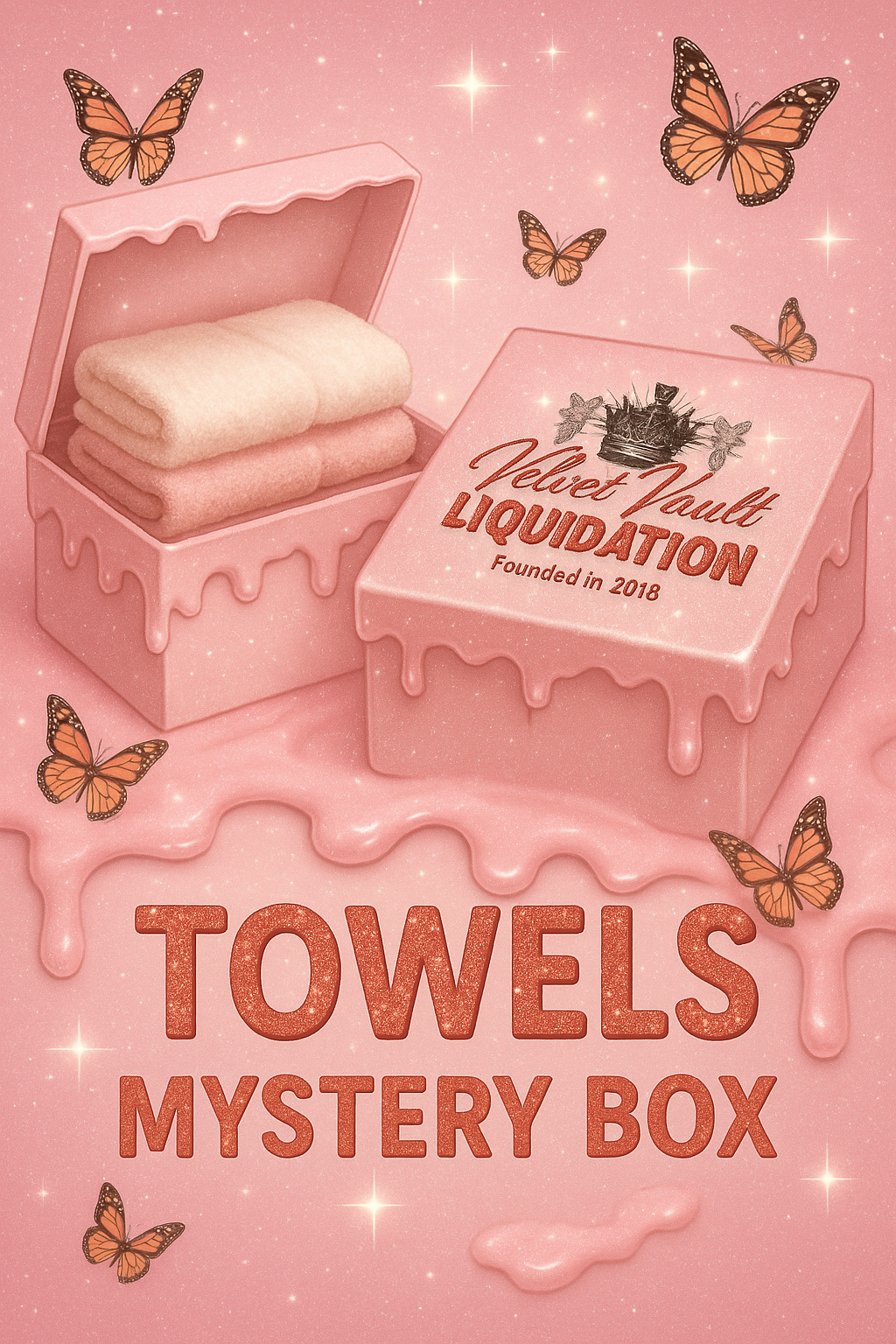 Velvet Vault Liquidation Mystery Box Brand Name Women’s Luxury Designer Towels x5 Pieces Bundle Set Lot Liquidation with pink box and butterflies