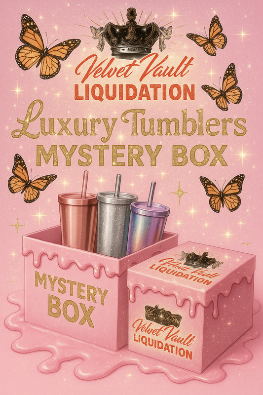 Velvet Vault Liquidation Mystery Box Brand Name Women’s Luxury Designer Tumblr Bottles x3 Pieces Set Bundle Set Lot Liquidation with pink box and three metallic tumblers