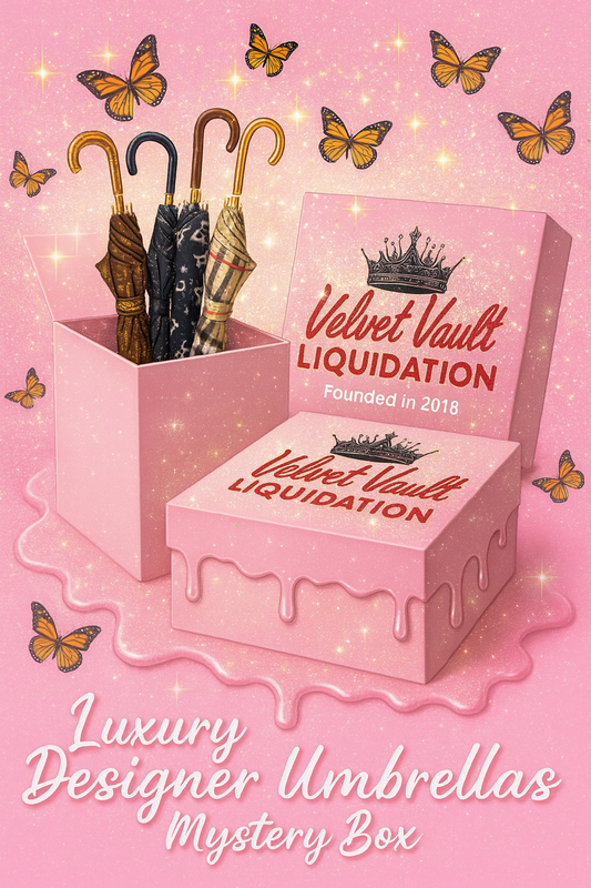 Velvet Vault Liquidation Mystery Box Brand Name Women’s Luxury Designer Umbrellas x3 Pieces Set Bundle Set Lot Liquidation with pink packaging and three umbrellas