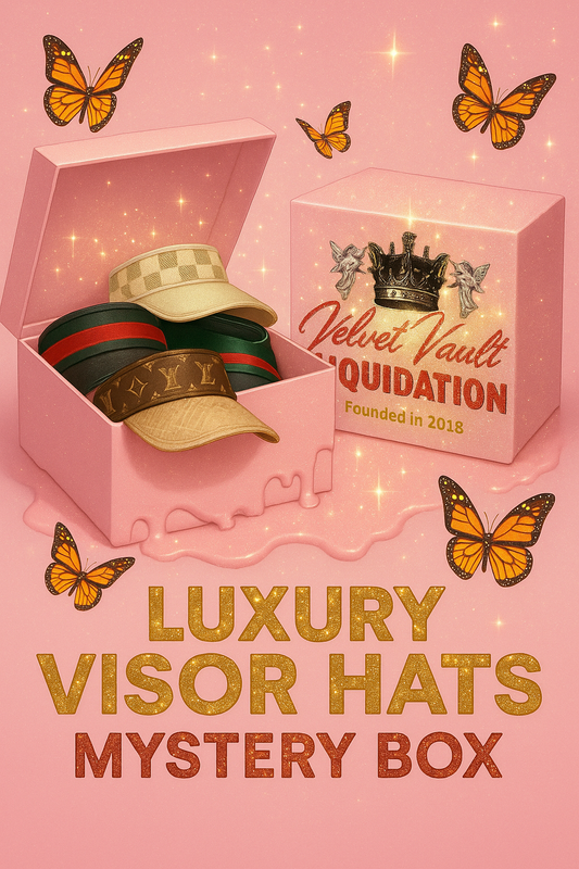 Velvet Vault Liquidation Mystery Box Brand Name Women’s Luxury Designer Visor Hats x5 Pieces Set Bundle Set Lot Liquidation with stylish caps in pink box