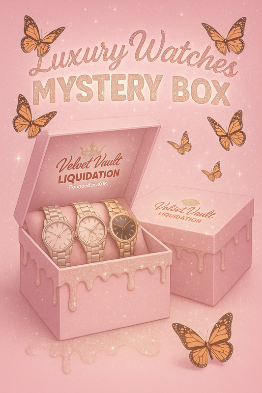 Velvet Vault Liquidation Mystery Box Brand Name Women’s Luxury Designer Watches x3 Pieces Set Bundle Set Lot Liquidation with three gold watches in pink box