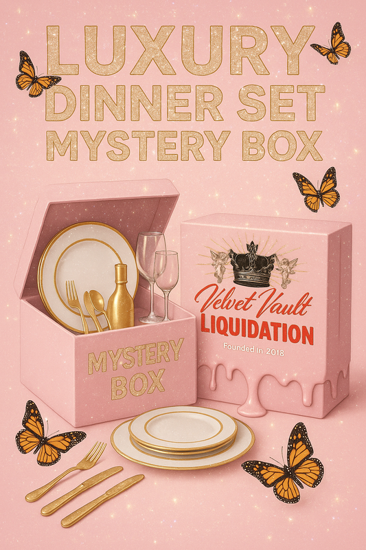 Velvet Vault Liquidation Mystery Box Brand Name Women’s Luxury Designer Full Dinner Set x1 Sets Bundle Set Lot Liquidation in pink packaging with gold rim plates and gold flatware