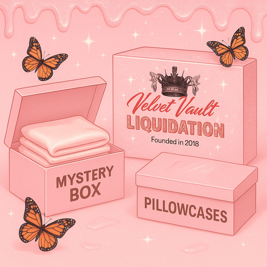 Velvet Vault Liquidation Mystery Box Brand Name Women’s Luxury Designer Pillow Cases x5 Pieces Bundle Set Lot Liquidation in pink packaging with butterflies