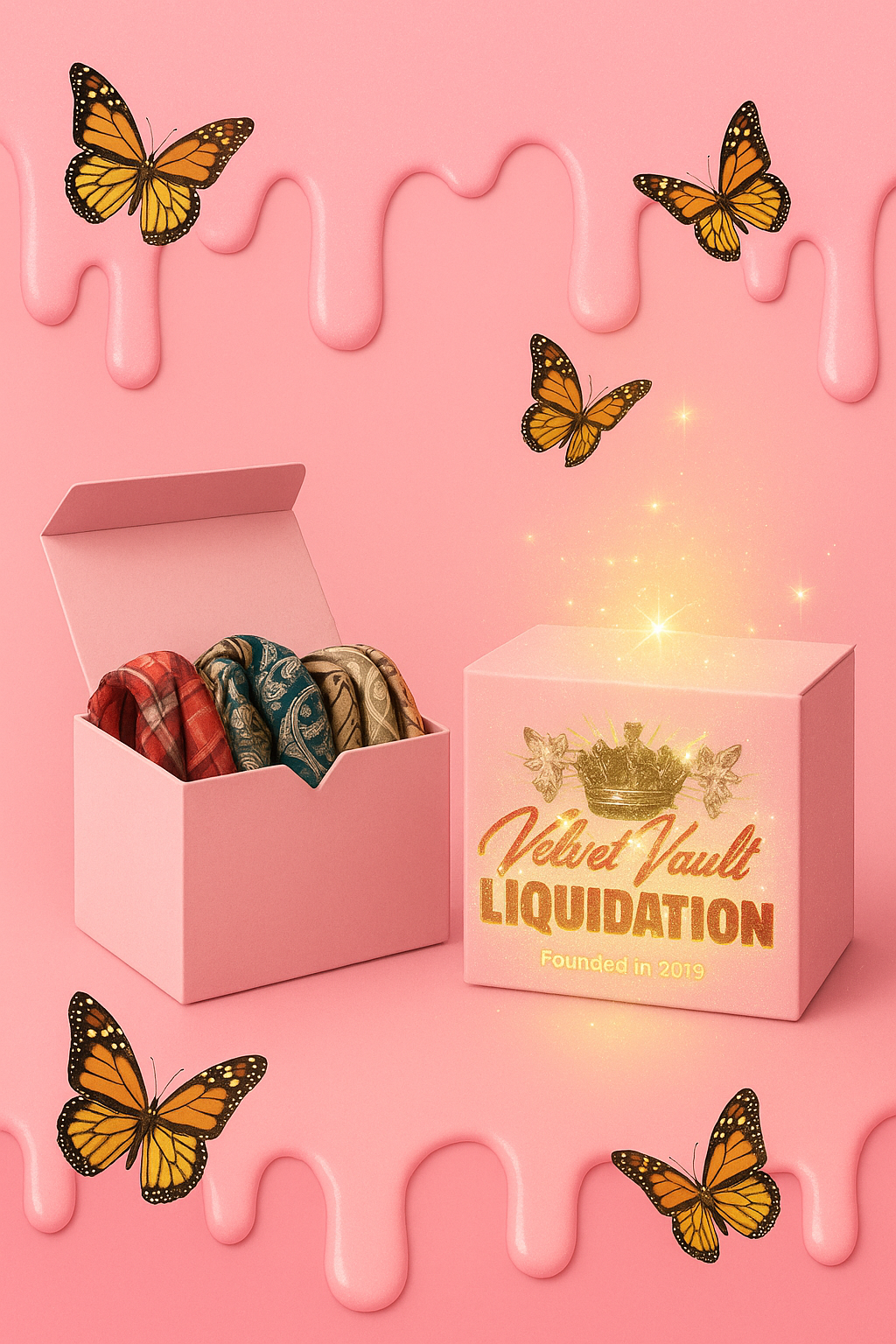 Velvet Vault Liquidation Mystery Box Brand Name Women’s Scarves x5 Bundle Set Lot Liquidation with open pink box and butterflies