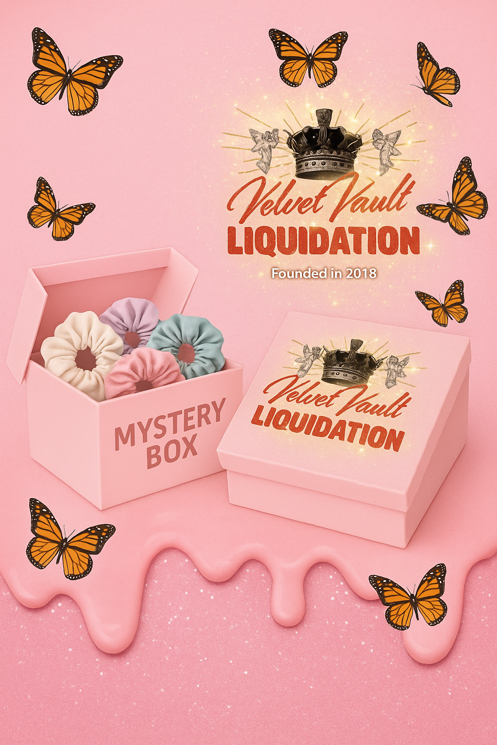 Velvet Vault Liquidation Mystery Box Brand Name Women’s Scrunchies x5 Bundle Set Lot Liquidation in pink box with butterflies