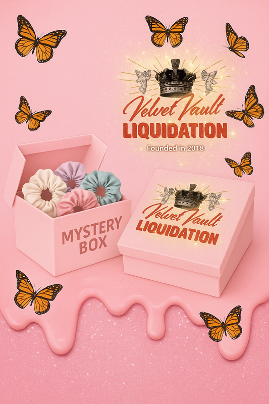 Velvet Vault Liquidation Mystery Box Brand Name Women’s Scrunchies x5 Bundle Set Lot Liquidation in pink box with butterflies