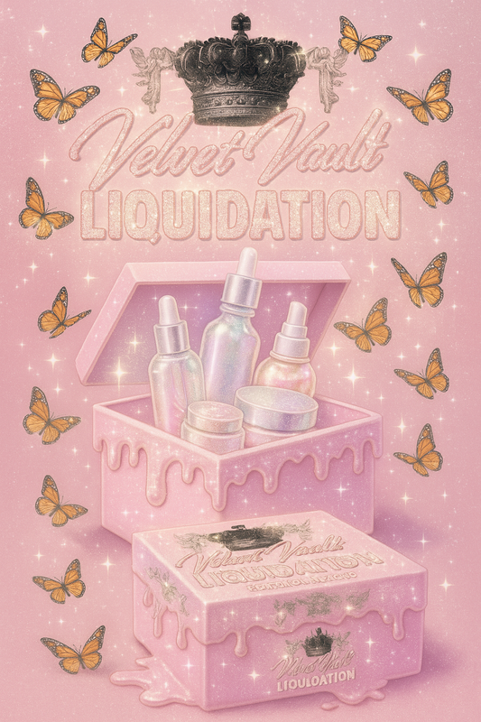 Velvet Vault Liquidation Mystery Box Brand Name Women’s Skincare Full Sized Products x5 Bundle Set Lot Liquidation with pink packaging and skincare bottles