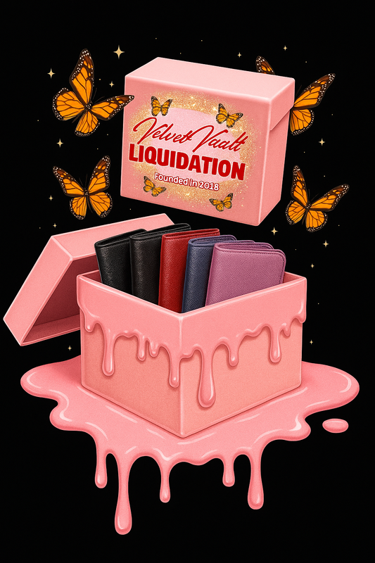 Velvet Vault Liquidation Mystery Box Brand Name Women’s Wallets x5 Bundle Set Lot Liquidation with colorful wallets in pink box