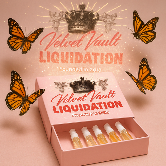 Velvet Vault Liquidation perfume sampler set with five small vials in a pink box surrounded by butterflies